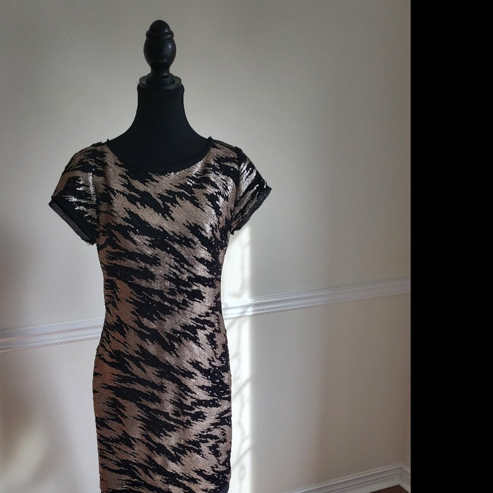 Eliza J, Sequined Shift Dress, Black and Bronze, Size 8